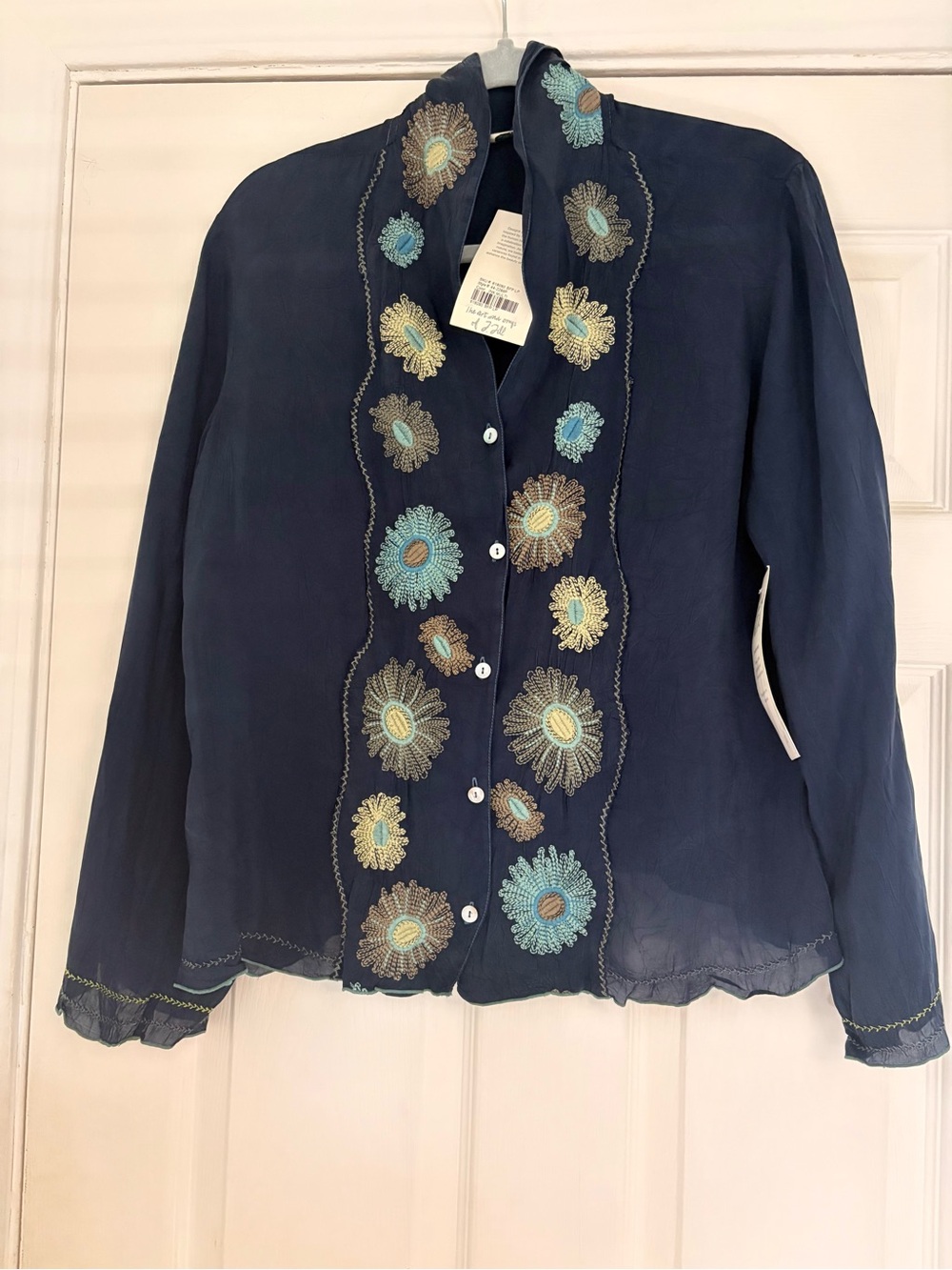 J. Jill Boho chicNavy Button-Front Shirt with Blue and Cream Floral Embroidery
